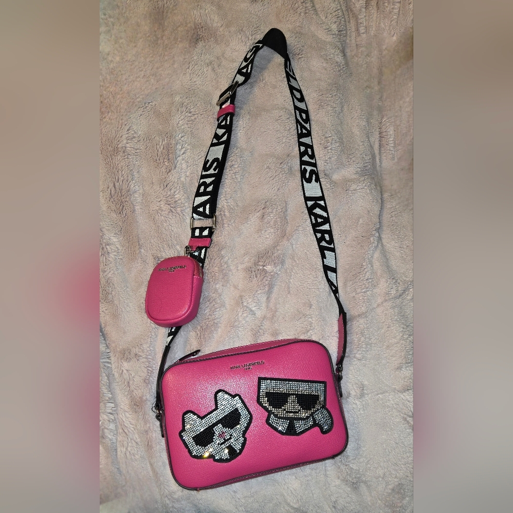 NWT Karl Lagerfeld Hot Pink Crossbody Bag with Embellished Karl & Cat Patches - Picture 7 of 7